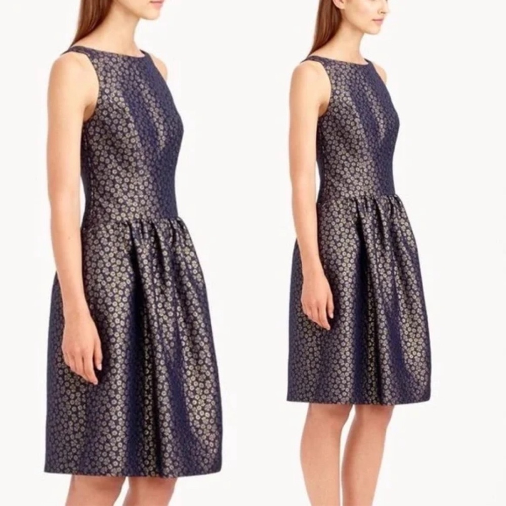 J. Crew Factory | Navy Gold Floral Jacquard Cocktail Midi Dress | Size 2
